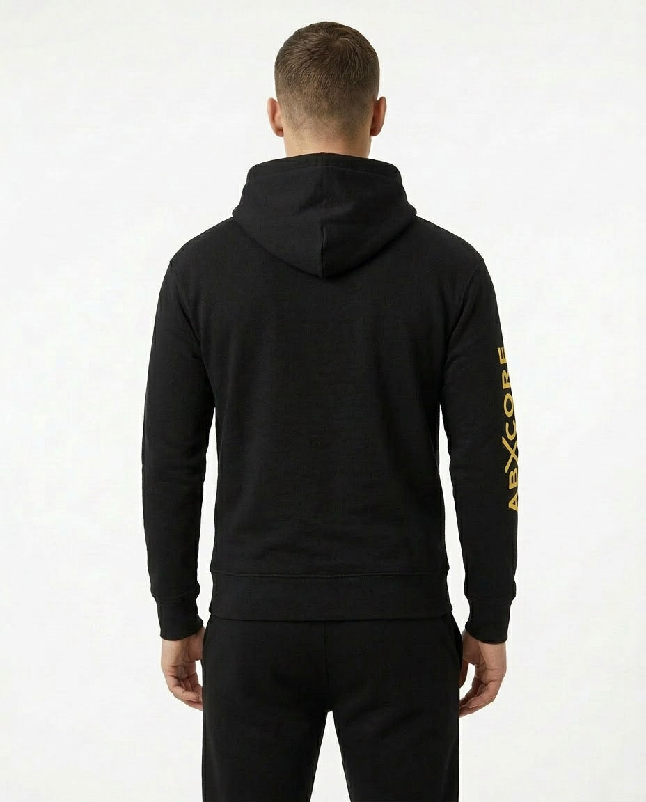 Man wearing AbXcore men’s black hoodie back view
