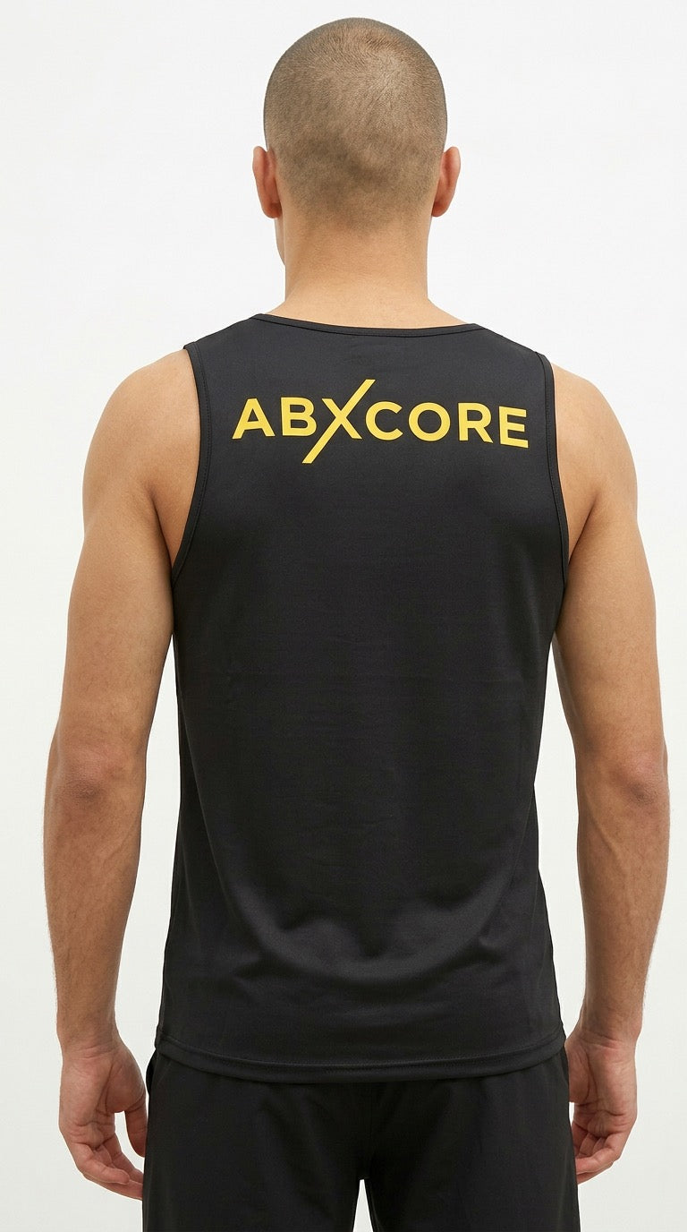 Abxcore men's athletic black tank top for training, sleeveless workout shirt, back view 