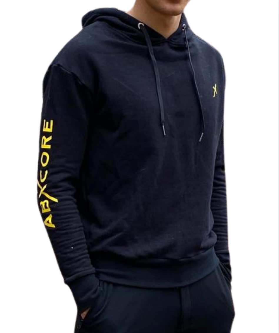 AbXcore black hoodie with yellow text 