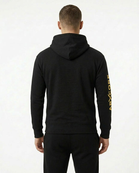 Man wearing AbXcore men’s black hoodie back view