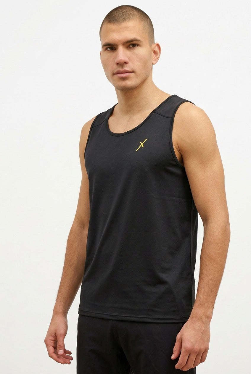 Abxcore men's athletic black tank top for training, sleeveless workout shirt, front view 