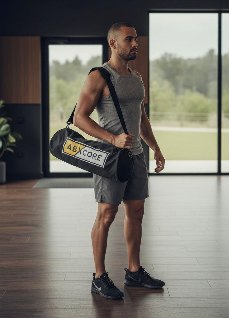man carying AbXcore gym bag for ab trainer device front view 