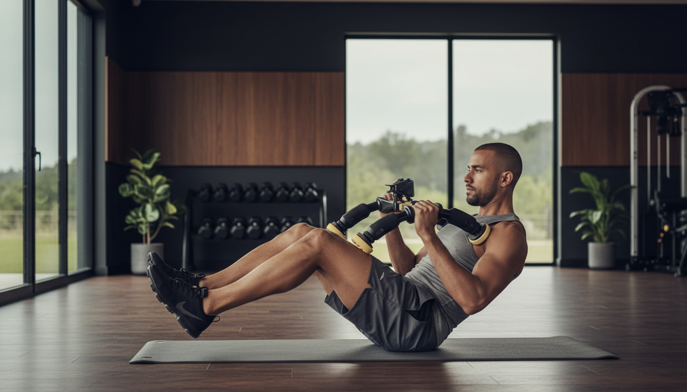 men using AbXcore portable core workout device in a gym 