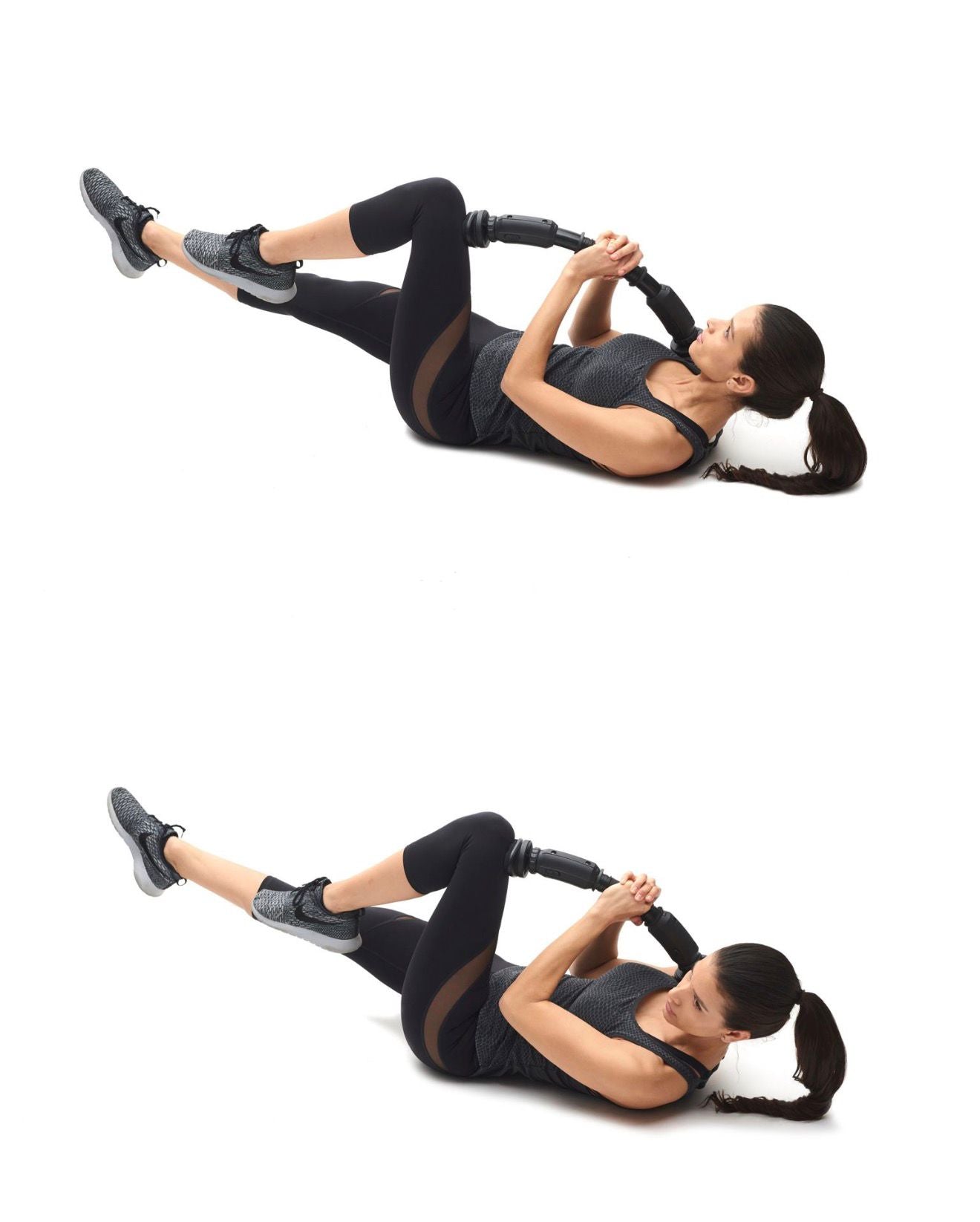 woman using AbXcore ab core workout device one arm for obliques front view 